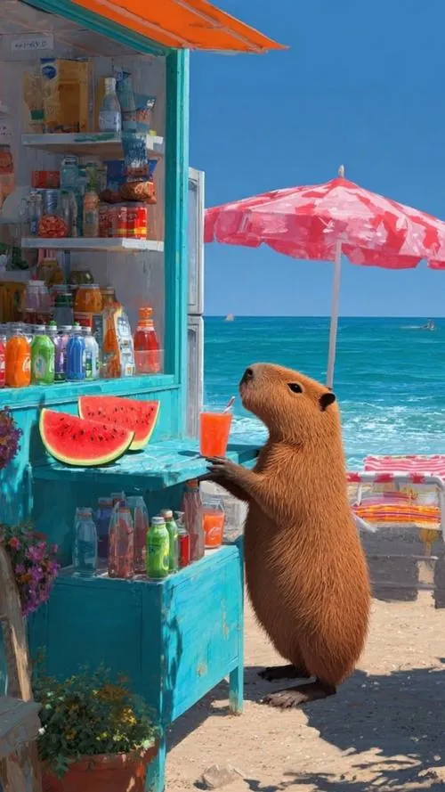 Một chú capybara đứng cạnh quầy nước ven biển, tay nâng miếng dưa đỏ trước nền trời xanh gắt, cảnh nắng hè khiến ảnh nền động vật thư giãn trông sống động và HD