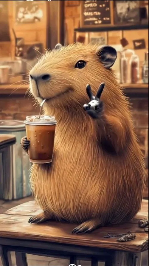 Hình nền cute capybara thật đứng trong không gian ấm màu gỗ, hai chân ôm chiếc cốc nhỏ trước bàn như đang xin thêm món ngon, nhìn gần rất buồn cười và thân thiện