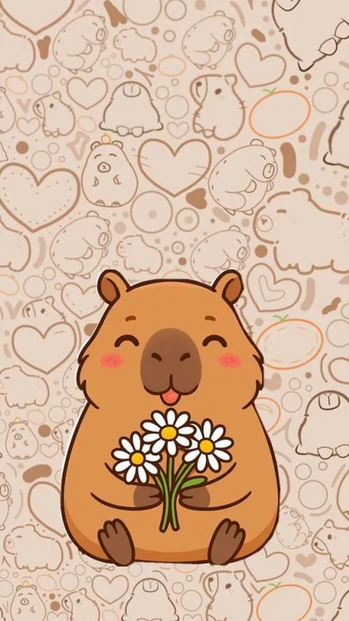 Bản vẽ tối giản đặt capybara ở giữa nền be nhiều nét phác, bó hoa nhỏ trước bụng làm ảnh nền capybara sắc nét này có cảm giác gọn gàng, hiền và dễ nhìn lâu