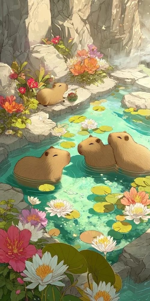 Hình nền capybara giữa hồ hoa súng rực nắng, vài chú chuột lang nước bơi chậm quanh lá xanh và cánh hoa vàng, khung tranh vẽ mềm tạo cảm giác bình yên rất đẹp