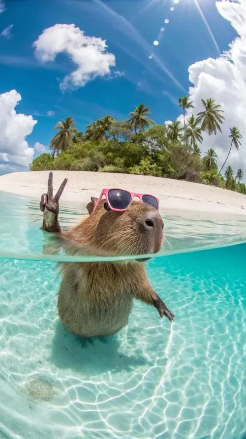 Ảnh nền Capybara chụp chú capybara đeo kính xanh đang ngâm trong hồ bơi nhiệt đới, phía xa là hàng dừa và nước biển làm khung hình trông chill, đẹp và khá 4K