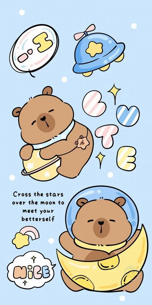 Nhân vật capybara hoạt hình ôm các biểu tượng nhỏ trên nền xanh nhạt, đường nét bo tròn và chữ vui mắt khiến ảnh nền đt Iphone này hợp kiểu dùng hằng ngày