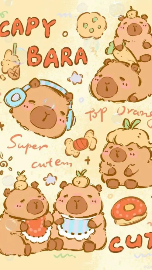 Poster doodle với chữ capybara lớn ở đầu ảnh, bên dưới là nhiều mặt capy tròn cùng bánh quy và nét vẽ tay, hợp làm ảnh bìa vui vẻ cho ai mê đồ cute