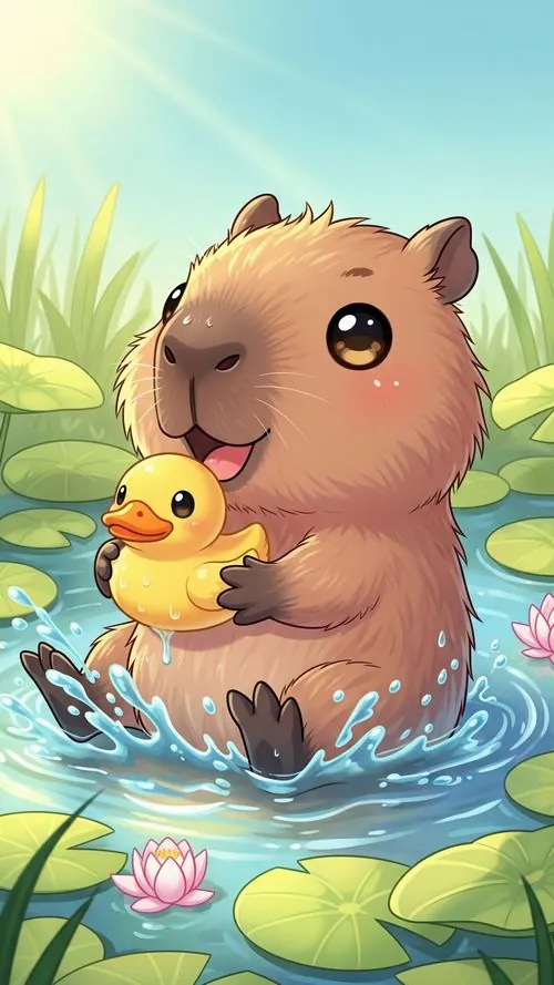 Ảnh dọc điện thoại capybara 3D ôm chú vịt vàng giữa ao lá sen, ánh sáng xanh non và đôi mắt long lanh khiến hình nền động vật thư giãn này trông cực dễ thương
