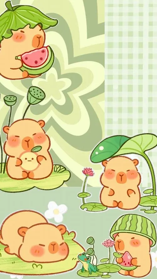 Nền họa tiết xanh lá lặp lại nhiều capybara nhỏ đội mũ trái cây, xen giữa cỏ bốn lá và quả mọng, kiểu ảnh màn hình capy cute hợp người thích đồ tươi sáng