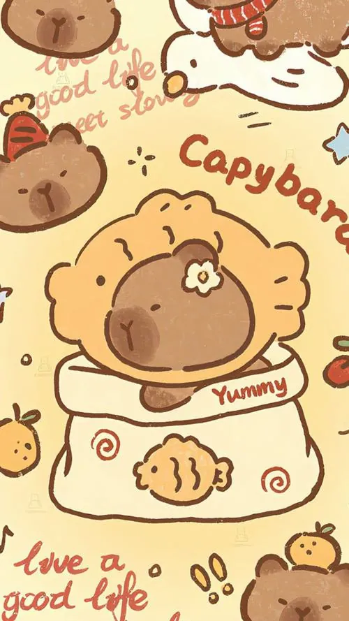 Hình nền 4K capybara vẽ kiểu bánh quy nằm giữa nền kem, xung quanh là chữ viết tay và món ngọt nhỏ làm tổng thể trông ấm áp, vui mắt và rất hợp điện thoại