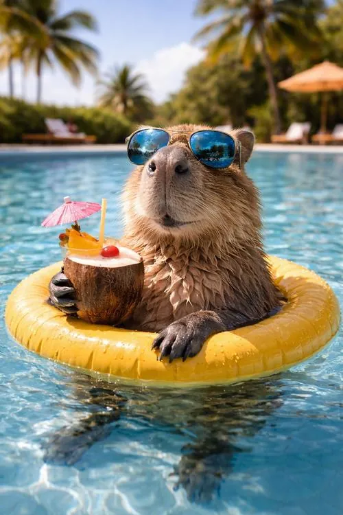 Chú capybara đeo kính xanh ngồi trong phao vàng giữa mặt nước lấp nắng, một ly nước đỏ đặt bên tay khiến ảnh nền chuột lang nước nhìn vào là thấy muốn nghỉ hè