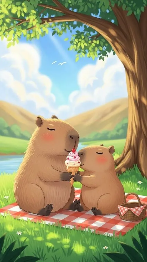 Ảnh nền động vật thư giãn vẽ hai capybara ngồi trên thảm picnic dưới gốc cây, xa xa là đồi xanh và bầu trời sáng tạo nên khung cảnh yên lành rất đẹp