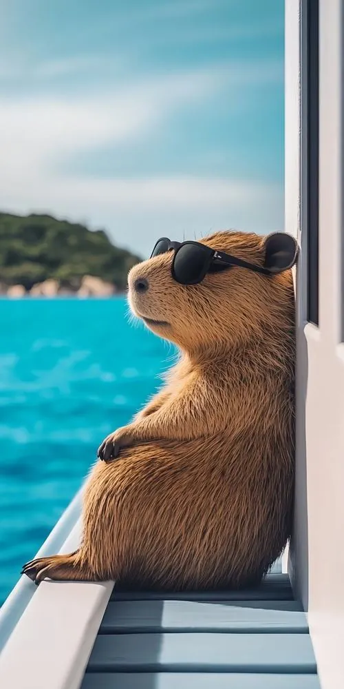 Capybara thật tựa người bên cửa sổ nhìn ra biển xanh, góc nghiêng khoe mũi vuông và bộ lông nâu khô ráo khiến ảnh nền bộ trưởng bộ ngoại giao giới động vật trông điềm tĩnh