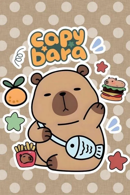 Ảnh nền màn hình capybara hoạt hình cầm ly nước trên nền chấm bi màu be, chữ to vui mắt cùng nét vẽ tròn mềm làm tấm này vừa cute vừa dễ nhận ra