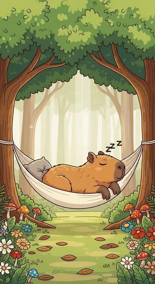 Ảnh nền capybara nằm ngủ trong võng giữa hai thân cây, xung quanh là lối nhỏ phủ lá và bụi hoa thấp, cả khung dọc mang nét dễ thương rất êm mắt