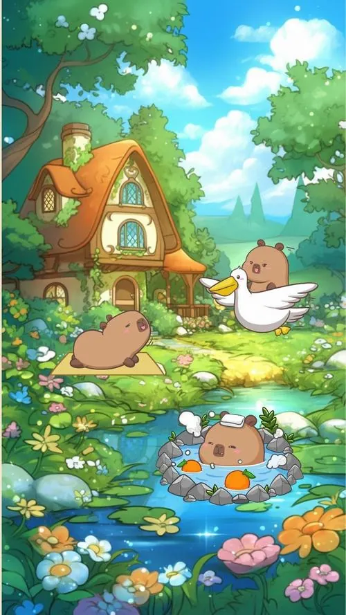 Ảnh bìa capybara trong khu vườn có căn nhà gỗ nhỏ, lối đi đầy nắng và ao hoa trước sân làm khung cảnh trông như truyện tranh 4K rất vui mắt