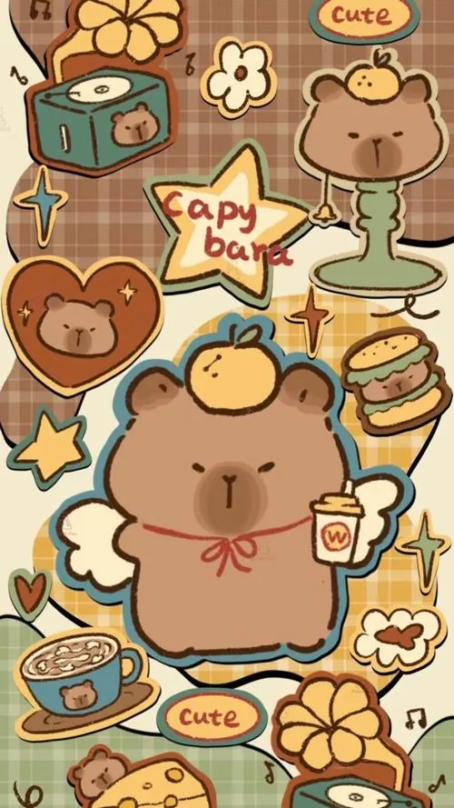 Mẫu sticker dọc với nhiều gương mặt capybara màu nâu, bánh ngọt và chữ nhỏ đan xen nhau, hợp làm ảnh màn hình capy cute vì nhìn đâu cũng thấy nhí nhảnh