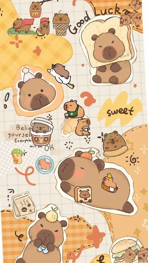 Hình nền điện thoại capybara phong cách doodle trên nền kem sáng, các nhân vật bé xíu đi cùng bánh quy và nét vẽ tay khiến tổng thể trông mềm mại, đẹp và vui