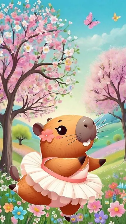 Capybara hoạt hình mặc váy hồng đứng giữa bãi cỏ hoa, phía sau là cây nở tán hồng và bầu trời trong, kiểu ảnh nền bộ trưởng bộ ngoại giao giới động vật rất xinh