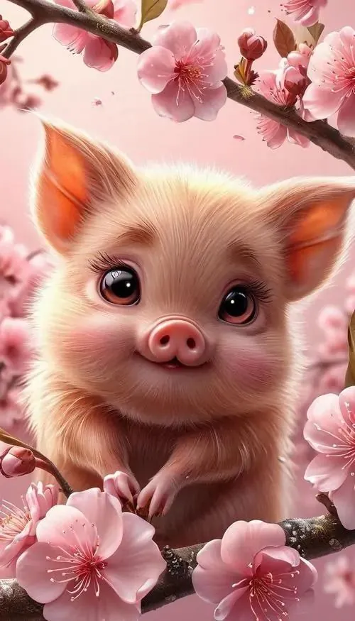 Ảnh bìa con ỉn màu hồng nhạt đội nón thần tài, đứng nghiêng bên cành mai vàng với vẻ vui tươi, làm ảnh con heo may mắn thêm sáng và thu hút tiền bạc