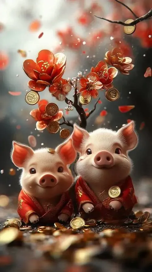 Một bé heo hồng ngồi trên đống lá vàng mùa thu, nhìn thẳng vào máy với vẻ hiền lành làm ảnh con heo may mắn trở nên gần gũi, bình an và ấm áp hơn