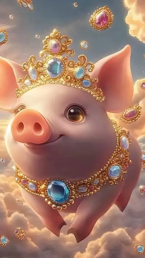 Chú heo hồng quay đầu nhìn sang một bên, tai rủ mềm và mắt cười nhẹ trên nền hoa đào làm ảnh nền con lợn dễ thương trở nên ấm áp, hợp tuổi và dễ mến