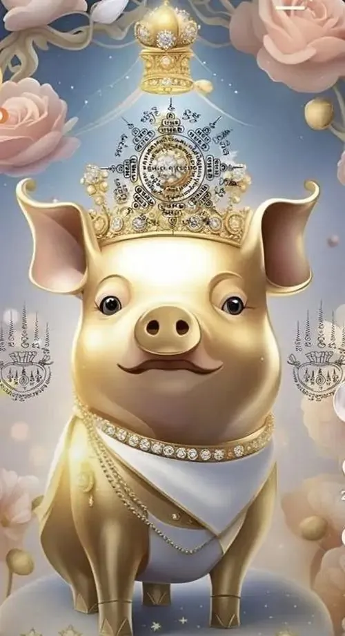 Ảnh nền HD linh vật tuổi Hợi ngồi bên hũ vàng mở nắp, góc chụp chính diện làm thân hình tròn trịa và nụ cười hiền hiện rõ, rất hợp người tuổi cần chiêu tài