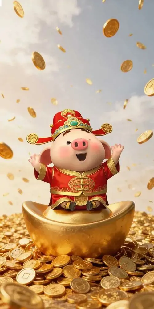 Tải wallpaper chú lợn màu kem nằm trên đồng xu cổ, mắt lim dim và thế nằm thả lỏng làm khung hình nền con heo tuổi Hợi mang vẻ an nhàn, tụ tài rất nhẹ