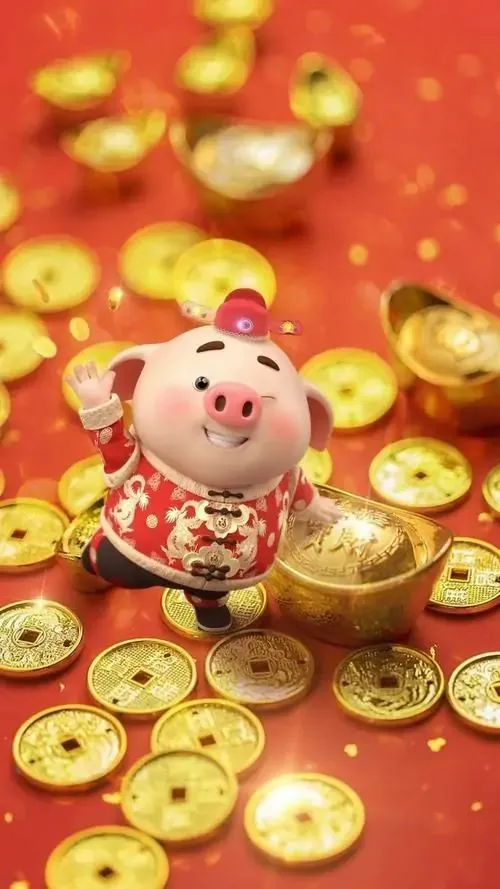 Wallpaper con heo chú lợn con mặc yếm đỏ ôm quả đào tiên, mắt cười cong và chân ngắn mập khiến khung ảnh nền con lợn dễ thương thêm vui mắt, hợp tuổi và may mắn