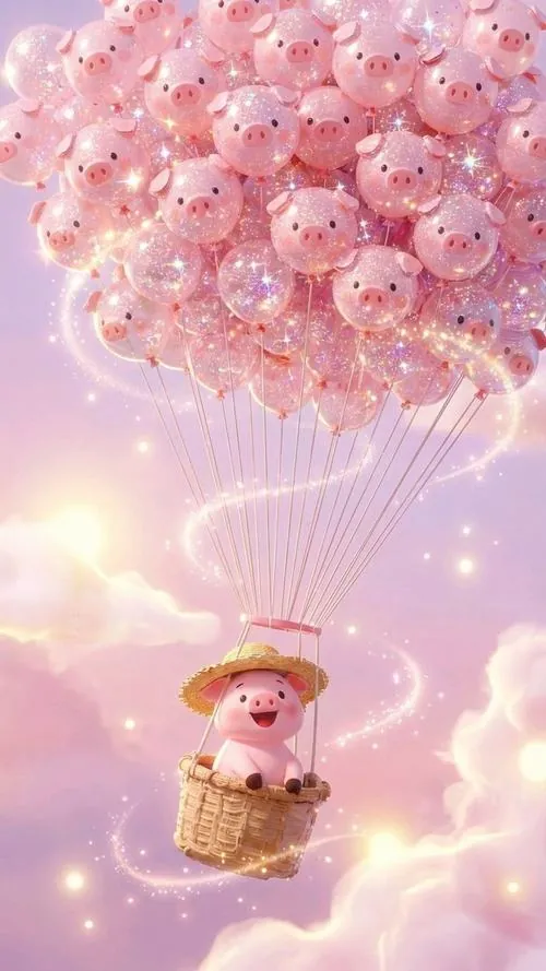 Con heo vàng quay đầu cười trước giàn lồng đèn đỏ, ánh kim trên thân giúp ảnh nền linh vật Hợi thêm nổi bật và gợi cảm giác tài lộc đến đều đặn