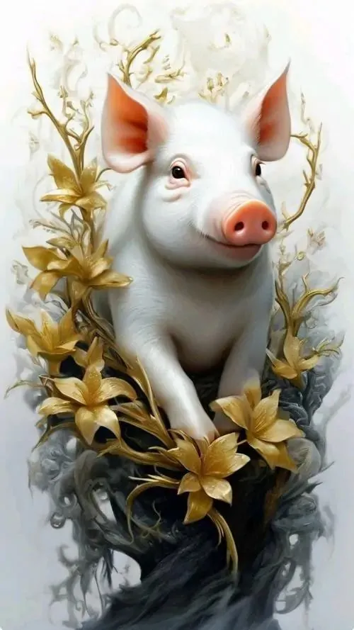 Chú lợn con ôm chiếc bao lì xì lớn, mặt ngước lên và tai rủ mềm tạo cho ảnh con heo may mắn một không khí lễ tết rõ ràng, ấm cúng và thịnh vượng