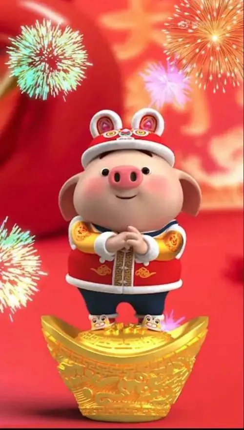 Heo chibi mặc áo khoác mùa đông đứng giữa nền tuyết, má hồng và chân ngắn tạo cảm giác dễ mến cho ảnh nền tuổi lợn, đồng thời giữ nét bình an, êm dịu