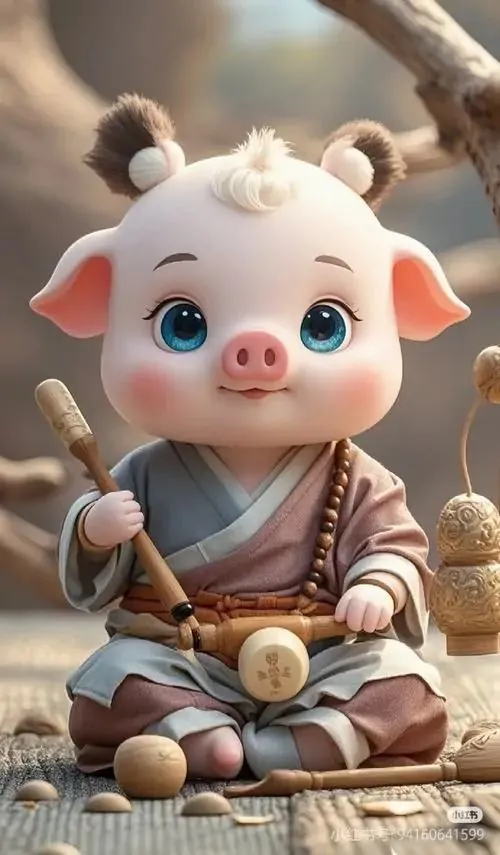 Ảnh bìa may mắn linh vật Hợi ngồi xếp chân trên đài sen vàng, tay cầm đồng tiền cổ và ánh mắt hiền tạo cảm giác bình an, chiêu tài rất hợp làm nền điện thoại