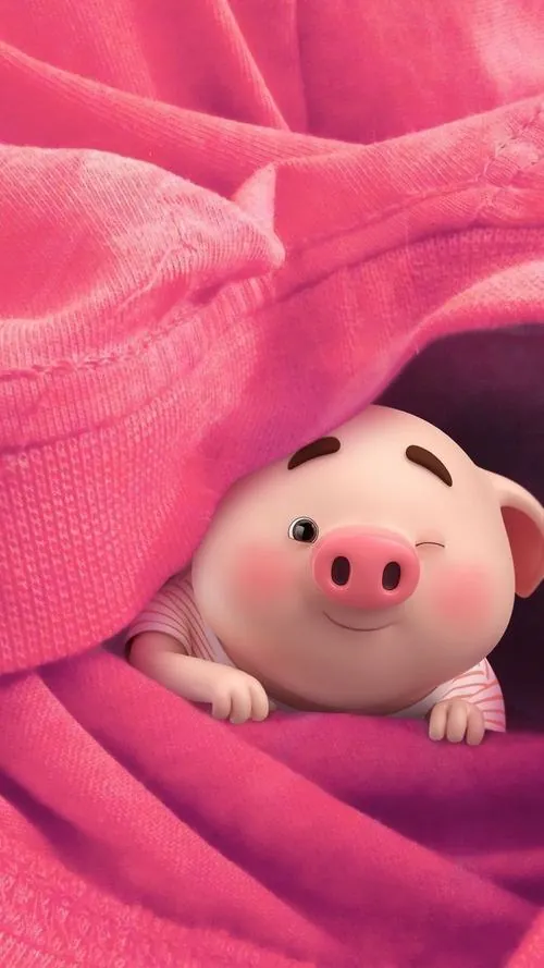 Heo chibi mặc áo gấm đỏ ngồi trước cửa nhà, đôi mắt cong tít và má ửng hồng khiến ảnh nền tuổi lợn vừa dễ thương vừa có nét phong thủy tụ tài