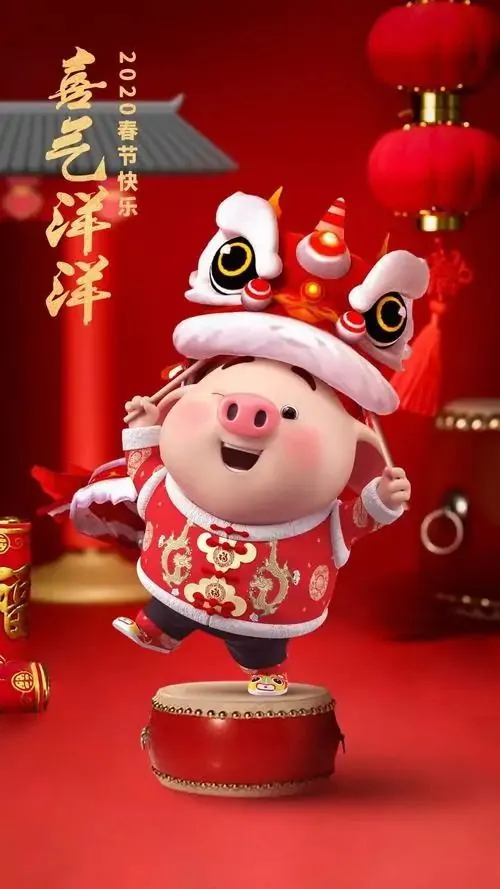 Một chú lợn nhỏ mặc áo tết đứng cạnh hũ tiền xu, gương mặt phấn khởi khiến hình ảnh chú lợn con này trông như lời chúc tụ tài, hút lộc đầu năm