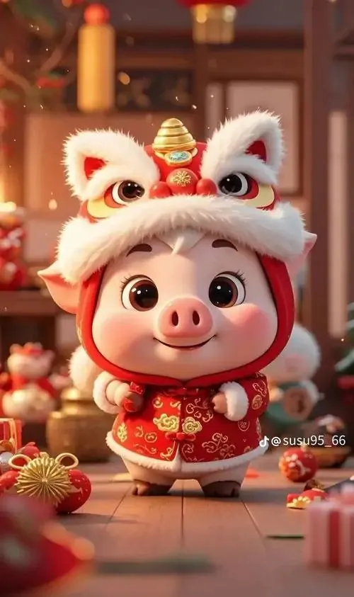 Con heo chibi quay nghiêng ôm bông sen vàng, nền tím nhạt và ánh sáng mềm giúp ảnh nền linh vật Hợi có nét nhẹ nhàng, phong thủy mà vẫn rất dễ thương