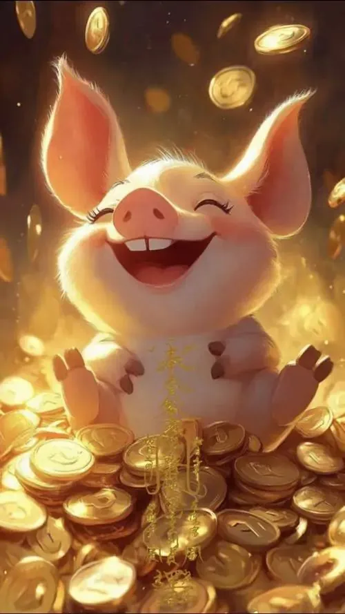 Ảnh nền heo vàng 3D đứng chắp tay giữa nền pháo hoa ngày tết, gương mặt hớn hở và dáng tròn trịa tạo cảm giác tài lộc ùa vào rất hợp dùng đầu năm