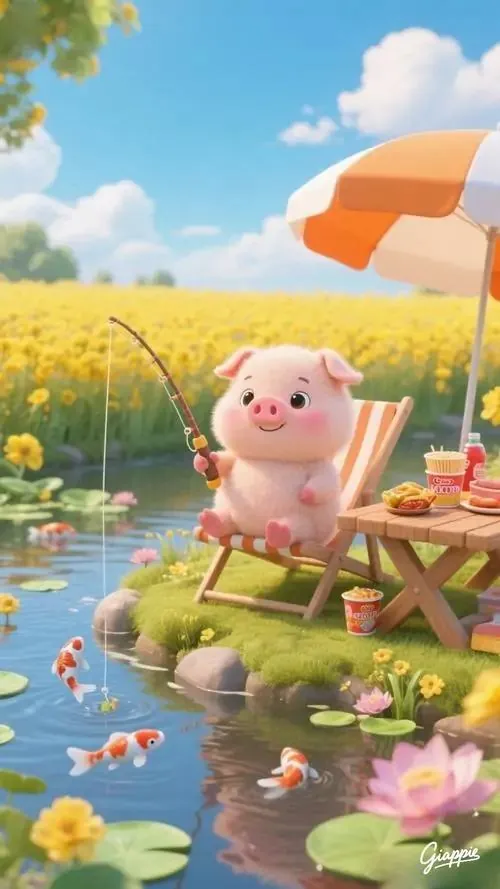 Ảnh wallpaper heo vàng cầm túi tiền đứng giữa nền ánh kim, dáng chắc khỏe và nụ cười rộng khiến khung hình 4K này gợi cảm giác chiêu tài, tụ tài rất tự nhiên