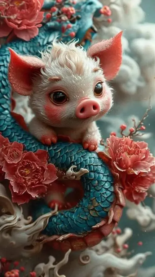 Chú heo nhỏ đang nhảy lên giữa nền hồng phấn, hai tai bật cao và đuôi xoắn cong khiến ảnh nền con ỉn trông cute, tươi sáng và đầy vận khí tốt