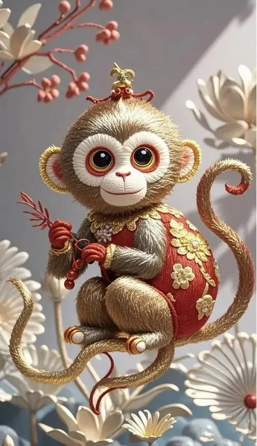 Con khỉ non nép bên túi gấm đỏ, mắt sáng tròn và bàn tay nhỏ chạm vào đồng xu, ảnh nền linh vật Thân này cute vừa đủ để gợi may mắn mỗi lần mở máy