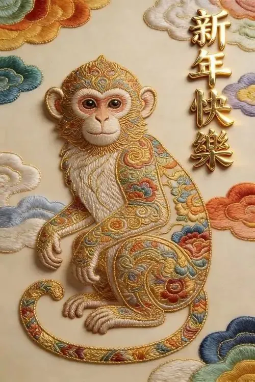 Khỉ lông trắng ngồi trước cửa gỗ cổ, tay ôm hồ lô và đầu hơi nghiêng nghe ngóng, hình nền hầu vương hợp tuổi mang cảm giác bình an và thu hút tiền bạc