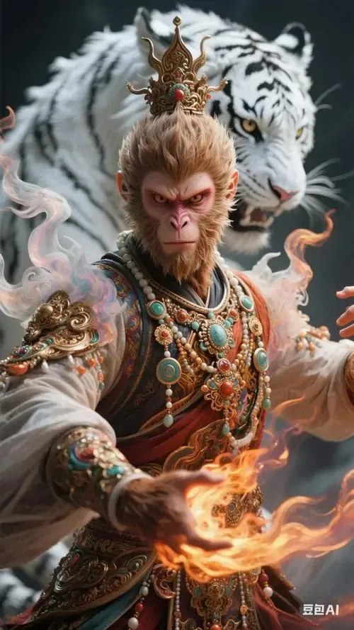 Linh vật khỉ đứng trước nền mặt trời mọc, thân xoay ba phần tư và ánh mắt đầy sinh khí, wallpaper tuổi Thân này gợi cảm giác khởi đầu thuận lợi và thịnh vượng