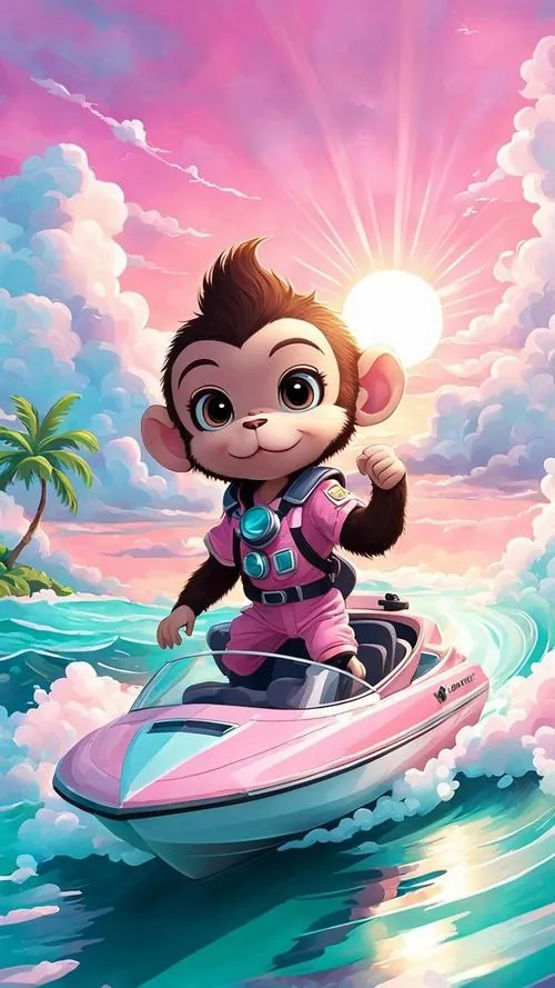 Một chú khỉ nhỏ ngồi trên tay vịn gỗ cạnh chậu mai, đầu nghiêng tò mò và môi hé cười, wallpaper linh vật Thân cho người tuổi Thân thích nét cute và may mắn