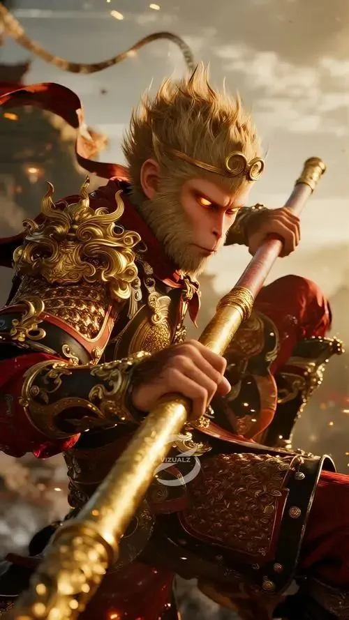 Một chú khỉ non ôm túi vàng ngồi trên bậc đá phủ rêu, miệng cười tươi và chân co gọn, ảnh nền khỉ vàng dễ thương cho người tuổi Thân muốn thêm may mắn