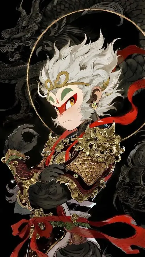 Linh vật khỉ trong áo choàng xanh xám tựa vào đá núi, mắt nhìn xuống bàn tay đang mở, ảnh nền tuổi Thân này hợp người thích sự trầm hơn nhưng vẫn chiêu tài