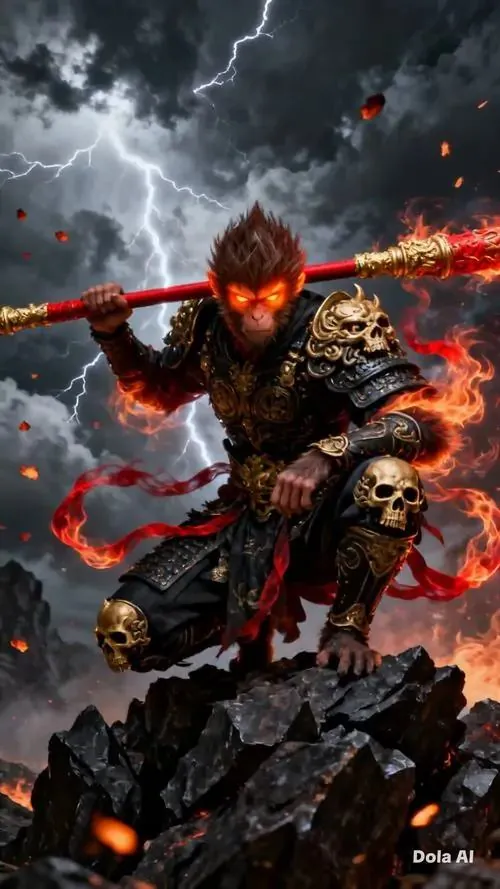 Khỉ vàng đứng trên mây nhìn xuống thành phố về đêm, nét mặt nghiêm mà không dữ, hình nền hầu vương này hợp tuổi Thân thích vẻ ngầu nhưng vẫn giữ bình an