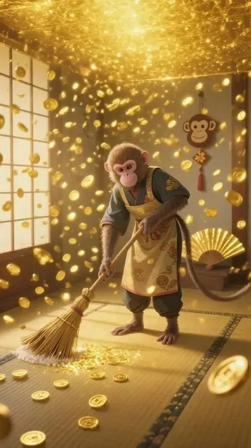 Ảnh nền may mắn con khỉ vàng cúi nhẹ bên hồ sen, tay giữ quả đào tiên và lông lên sắc mịn, bản Ultra HD hợp người tuổi Thân thích phong thủy mềm mại