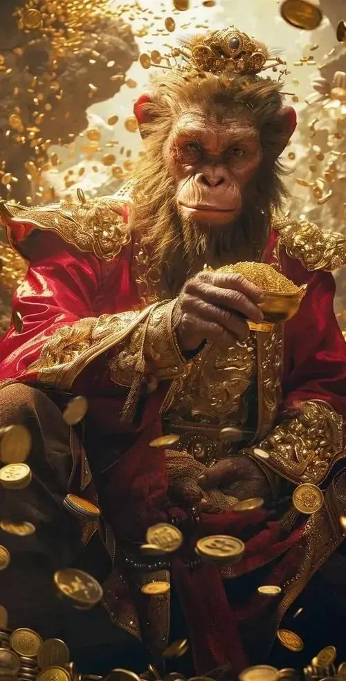Khỉ đội vương miện vàng đứng cạnh con dấu đỏ, thân xoay nửa góc và đuôi vắt mềm phía sau, wallpaper tuổi Thân này tạo cảm giác tụ tài khá rõ khi nhìn lâu