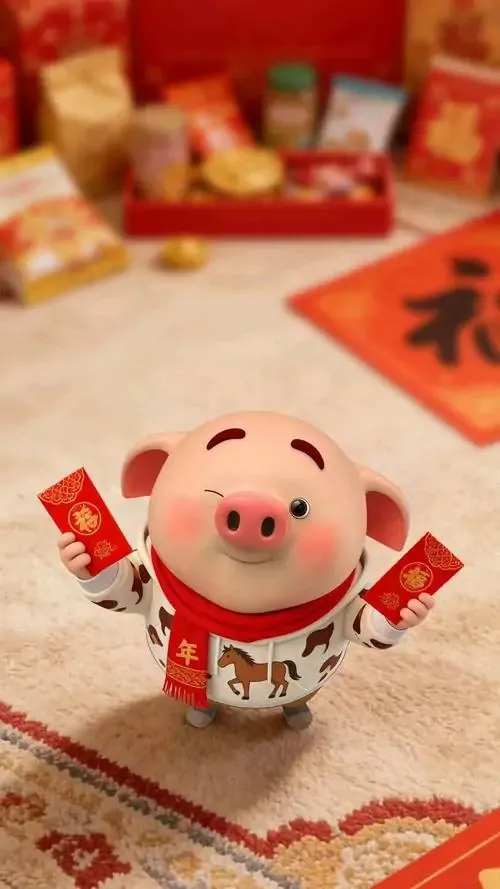 Chú lợn con mập mạp nằm nghiêng trên đám mây vàng, hai tai vểnh nhẹ và đuôi xoắn nhỏ làm khung ảnh nền linh vật Hợi trông bình an, thịnh vượng hơn hẳn