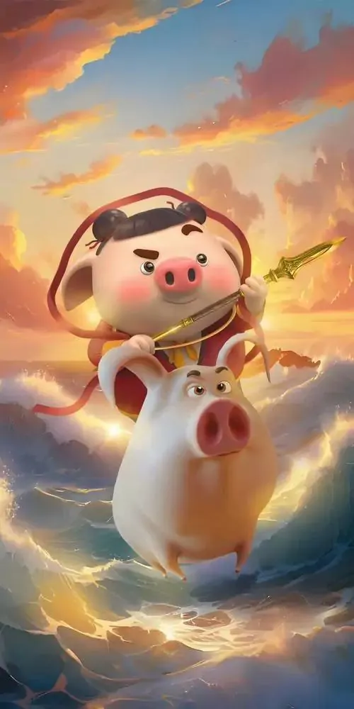 Con heo chibi ôm trái tim đỏ ngồi lệch góc khung hình, biểu cảm vui và má hồng làm ảnh con heo may mắn thêm mềm mại, dễ dùng cho ngày sinh nhật