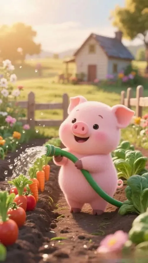 Chú lợn con quay đầu mỉm cười trên nền mây hồng, đuôi xoắn và thân tròn hiện rõ làm hình nền con heo tuổi Hợi trở nên ấm áp, may mắn và rất dễ mến