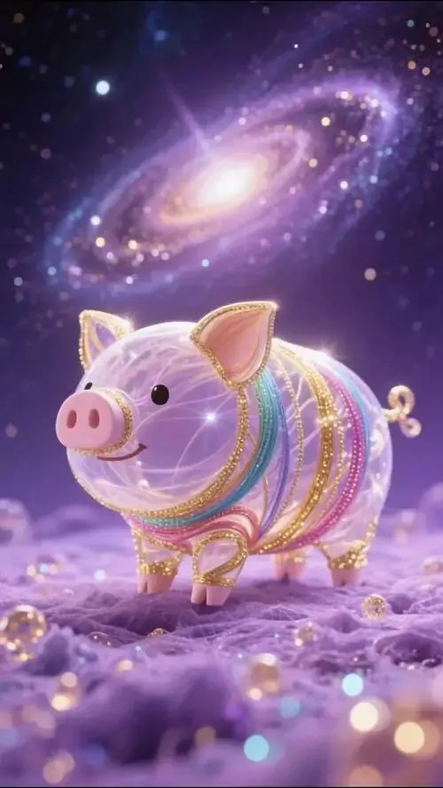 Heo vàng thần tài đứng giữa nền đỏ sẫm, tay giơ thỏi vàng lên cao và mắt sáng long lanh tạo cảm giác vận khí đi lên, hợp tuổi làm ăn và buôn bán