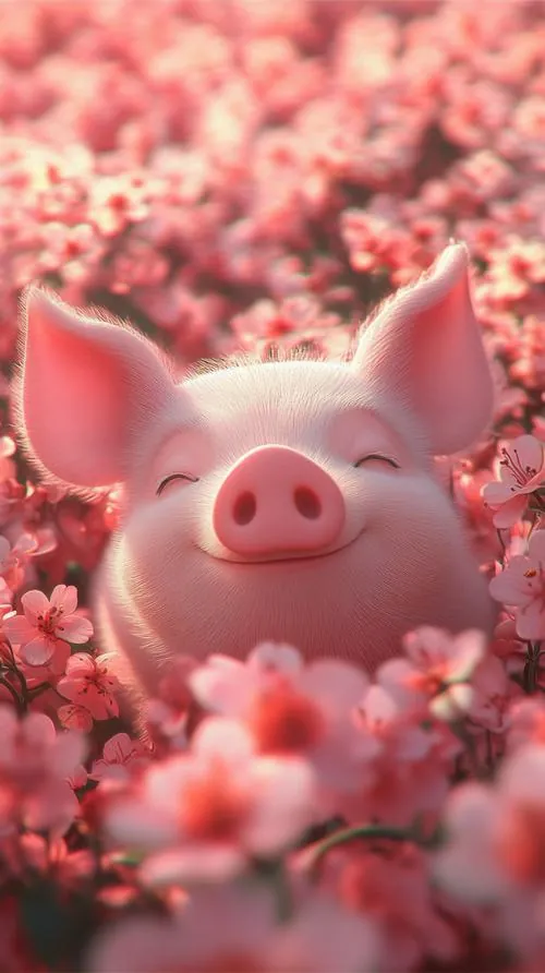 Tải ảnh bìa linh vật Hợi mặc áo đỏ thêu hoa đứng bên nhánh mai, thân hình tròn đầy và ánh nhìn nghiêng nhẹ làm khung hình thêm đẹp, tụ tài và thịnh vượng