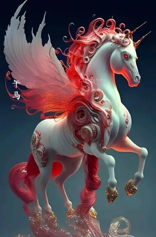 Ảnh wallpaper ngựa cánh trắng ánh xanh vươn lên trong nền tối, bờm đỏ hồng lan như lửa nước khiến khung dọc rất ngầu, hợp người tuổi Ngọ thích cảm giác bứt phá